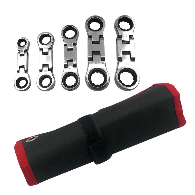5 pcs Flex-Head Stubby Ratcheting Combination Wrench Set Wrench Set Double Box End Flex-Head Spanner Set