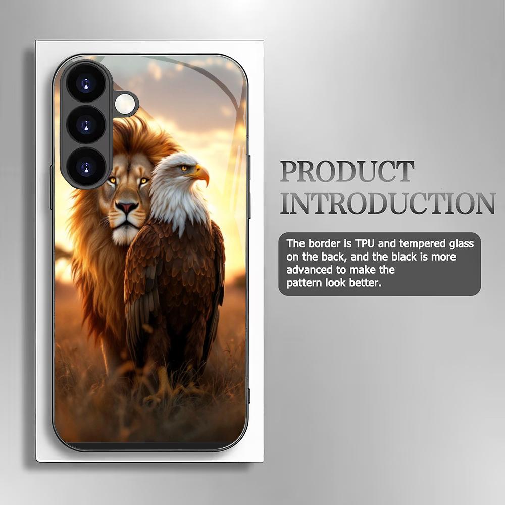 Lion Eagle Pattern Tempered Glass Phone Case Suitable for Samsung Galaxy S26 S25 S24 S22 S21 S20 FE/Ultra/Plus Scratch Resistant