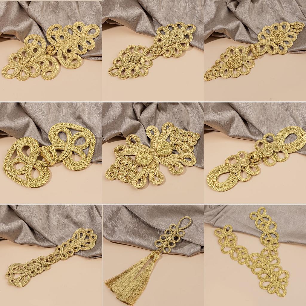 1pcs Vintage Chinese Knot Buttons Gold Lace Trim Clasps for Cheongsam Decor, Dance Dress, DIY Sewing Accessory