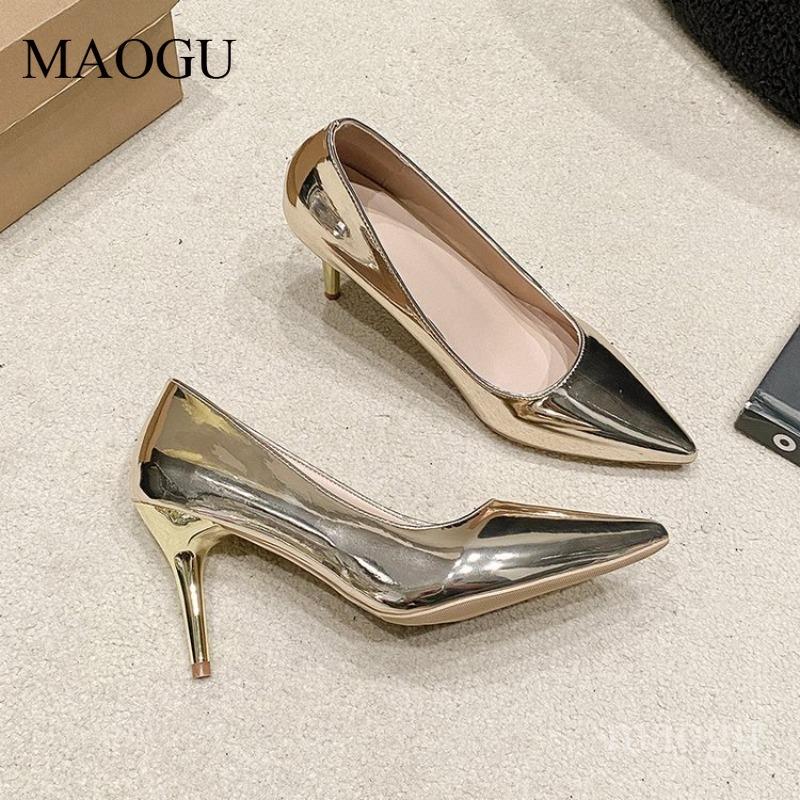 Pointed Toe Stiletto Heels Women's Patent Leather Pumps Shiny High Heel Dress Shoes for Party Slip On Sandalias De Mujer Size 34