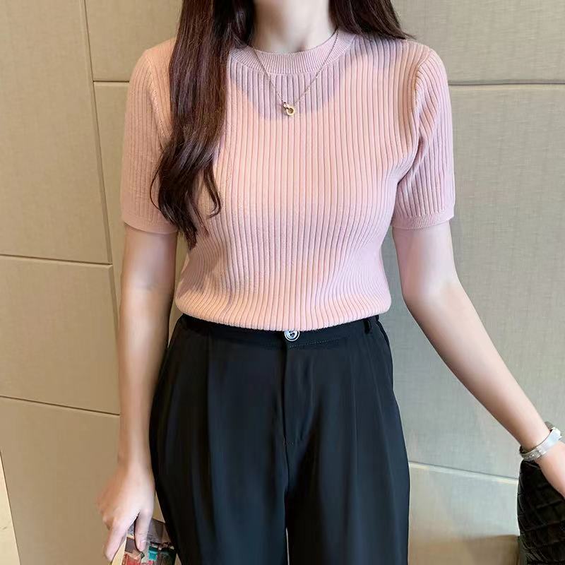 Spring and Autumn New Pullover Sweater Women's Autumn and Winter Slim-fit Top Short Sleeve Knitted Sweater Women's Bottom Shirt
