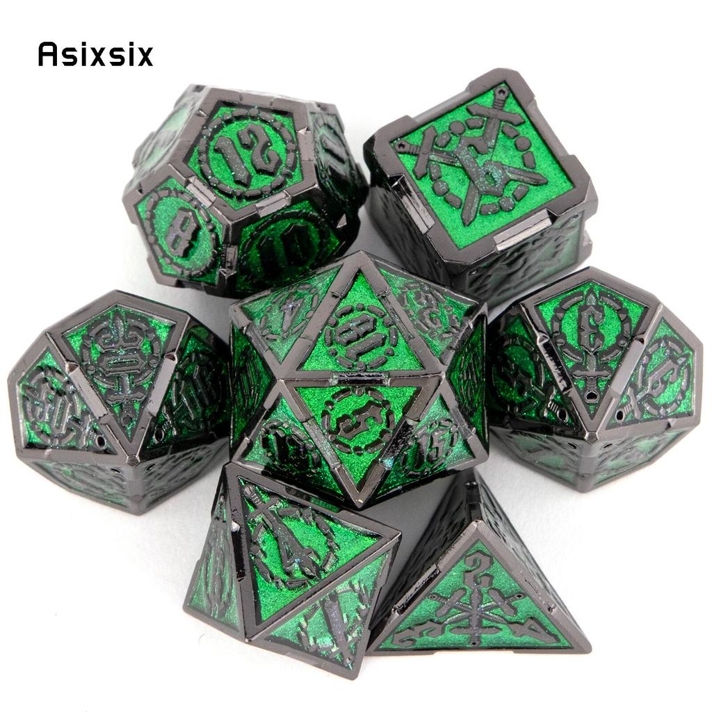 7 stk grønn sølv doble sverd metallterninger Solid polyedrisk terningsett egnet for rollespill RPG-brettspill