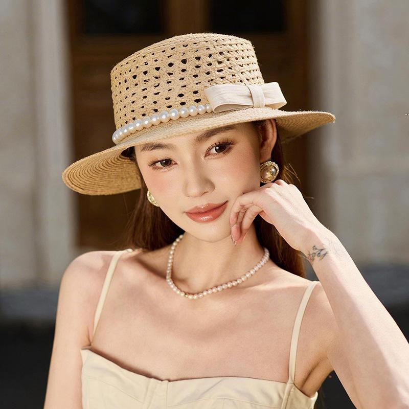 High Quality Raffia Silk Hemp Pearl Straw Hat French Flat Top Sun Hat Hollow Breathable Sun Hat Beach Hat
