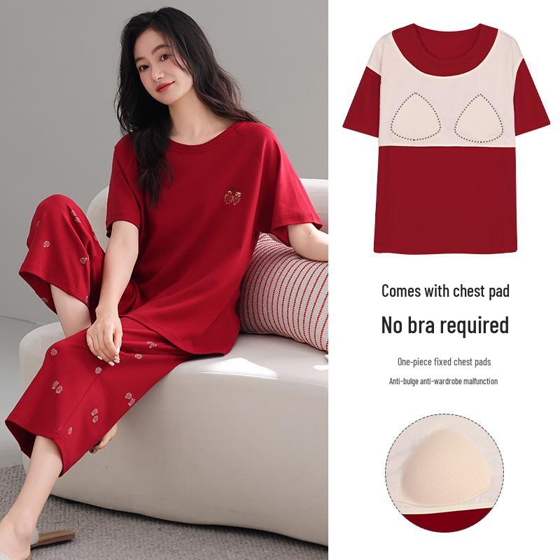 100% Cotton Women's Red Pajamas - Spring/Fall Wedding Year of the Rat Long Sleeve Plus Size Set
