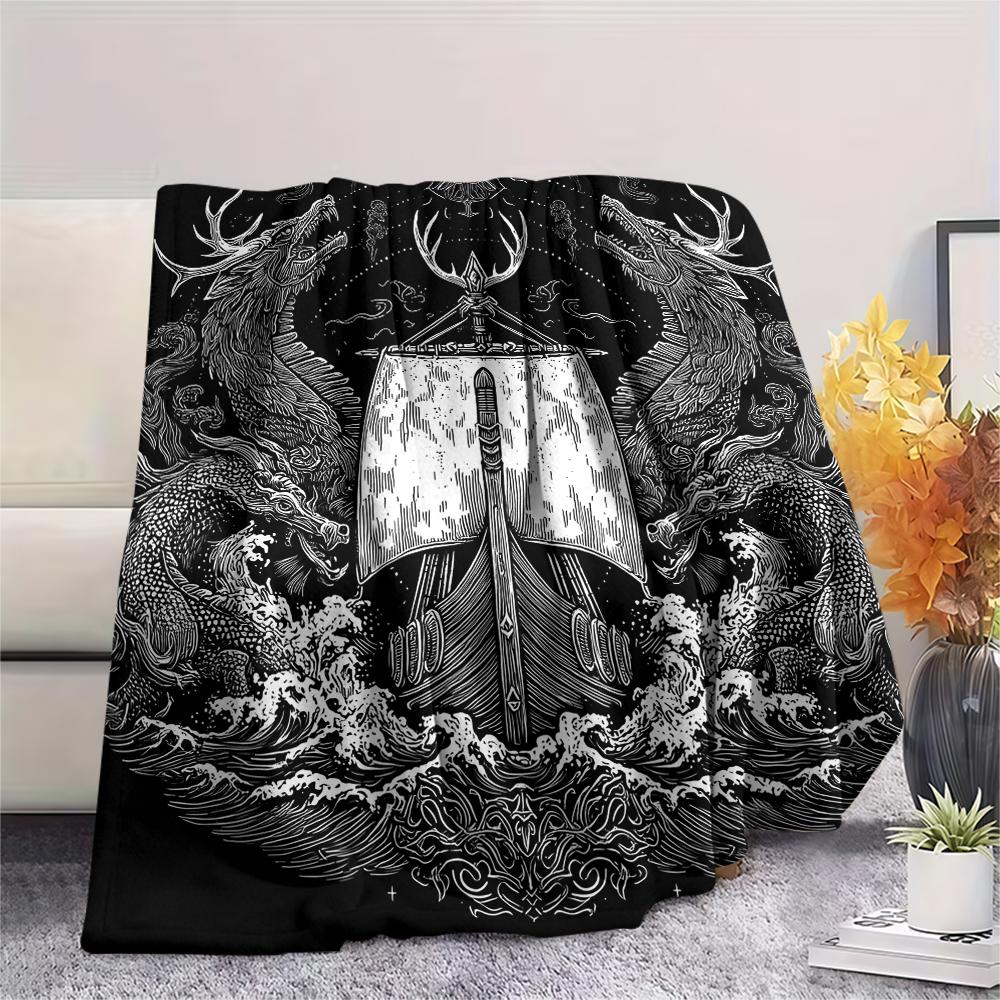 Viking Raven and Warship,pattern Flannel Blanket, High Quality Comfortable for All Seasons, Home Decor, Warmth and Comfort, Perfect for Gifts.