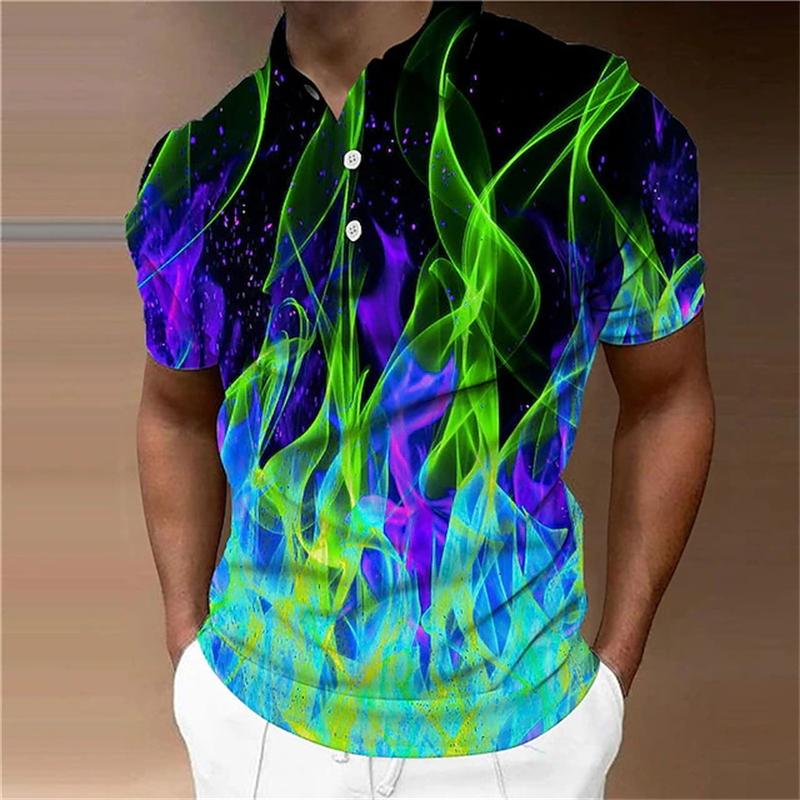 3D Print Colorful Flame Graphic Men Short Sleeve Tops New Outdoor Streetwear Men Clothing