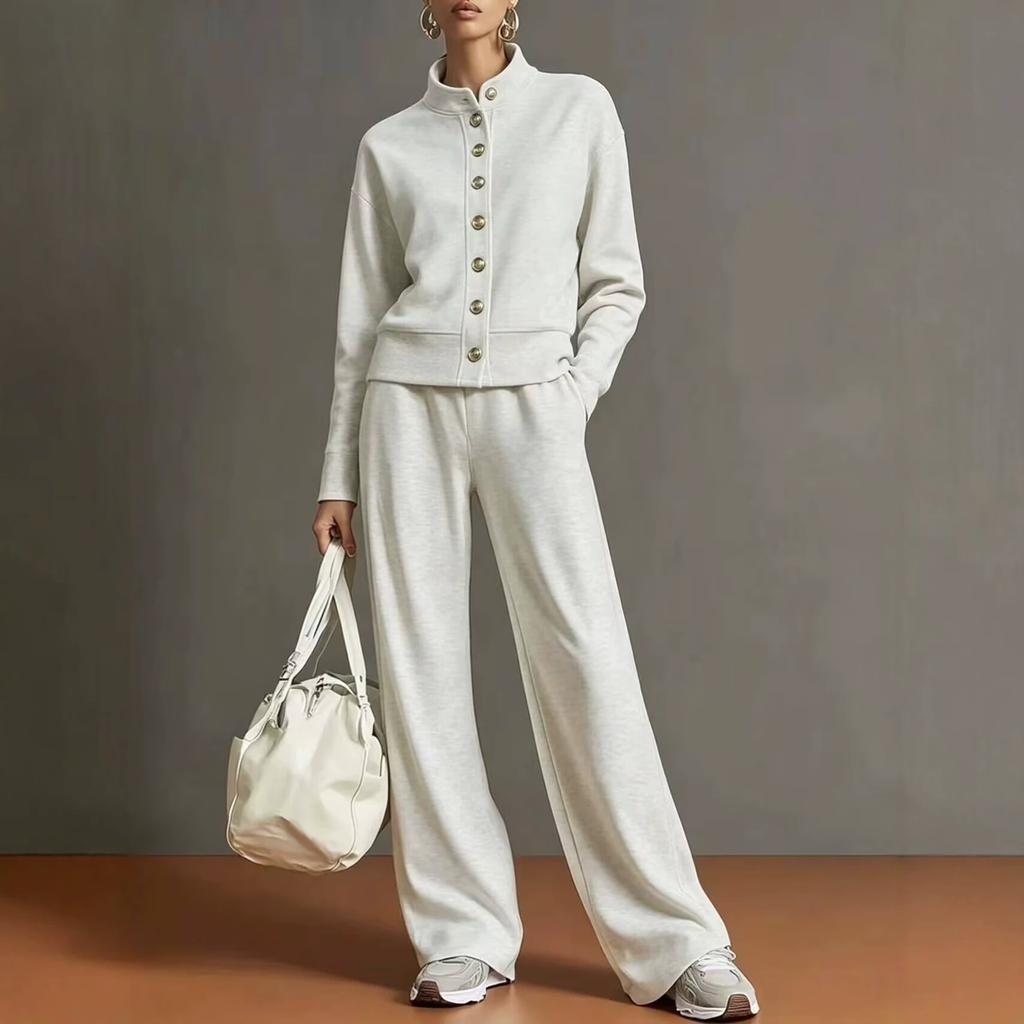 Women Stand Collar Button Front Track Suit Set Long Sleeve Top Wide Leg Pants Two Piece Outfit