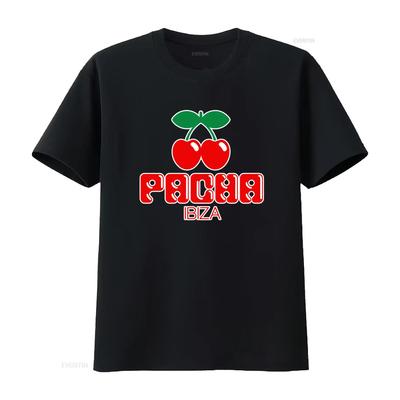 Pacha Ibiza Logo Stampa Ciliegie T-shirt Uomo Stile Design Bianco e Nero T2968 vintage Lavata streetwear