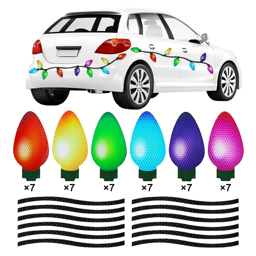 70Pcs Christmas Reflective Car Refrigerator Magnets Decorations Set, 42Pcs Reflective Bulb Light Magnets with 28Pcs Lines Magnetic Car Stickers