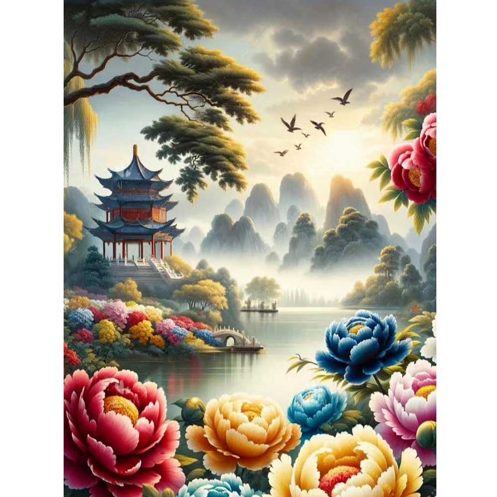 DIY Diamond Painting Cross Stitch Kit Peony Flowers and Pavilions Full Square Diamond Mosaic New Collection 2024 Home Decor Gift