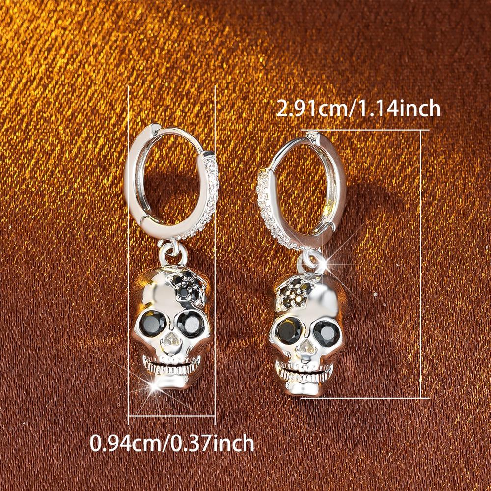 Crystal Female White Black Zircon Stone Skull Hoop Earrings Vintage Fashion Silver Color Wedding Halloween For Women