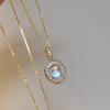 Huitan Luxury Two Tone CZ Pendant Necklace with Oval Imitation Opal Stone Exquisite Daily Neck Accessories Gift Fashion Jewelry