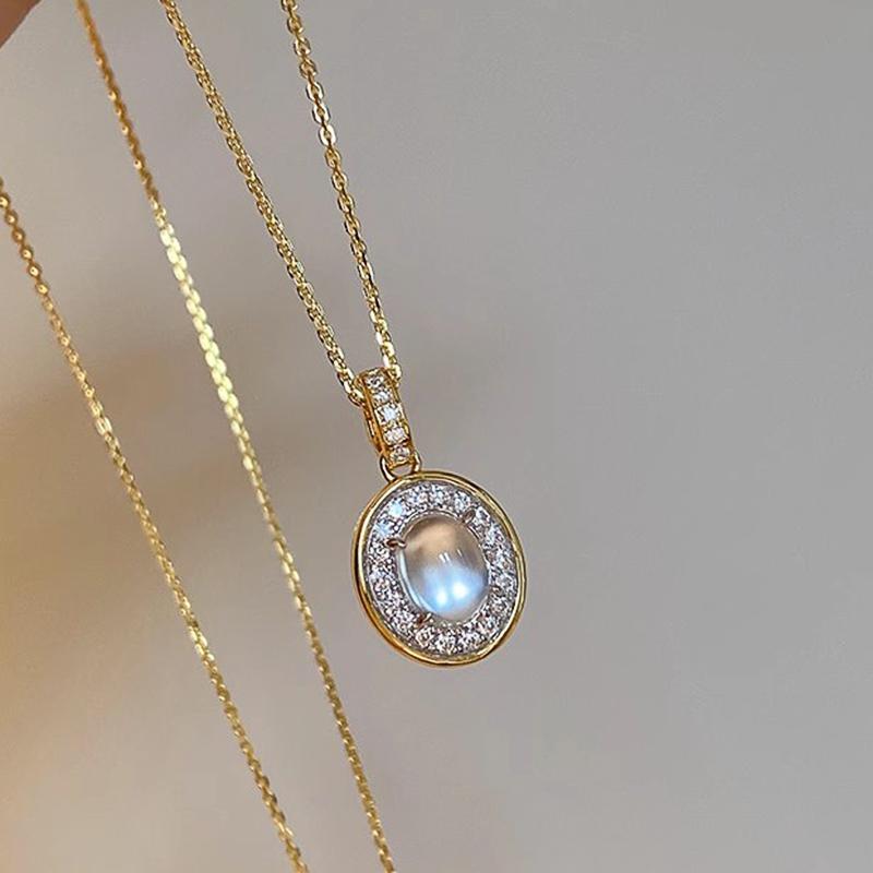 Huitan Luxury Two Tone CZ Pendant Necklace with Oval Imitation Opal Stone Exquisite Daily Neck Accessories Gift Fashion Jewelry