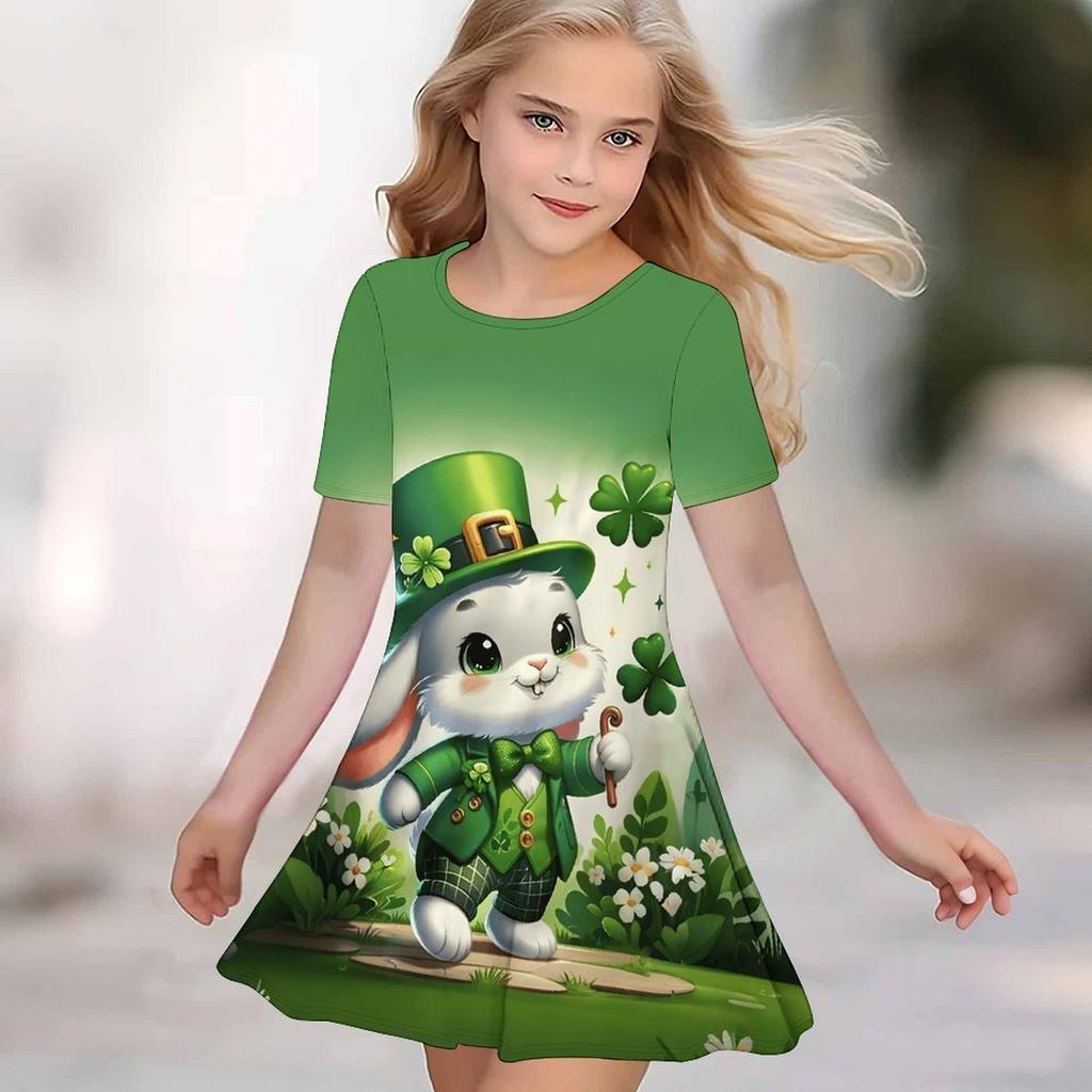 Girls 3D Print Dresses Kids Girl Party Short Sleeve Princess Dress Tank 3D Clover Print Dress