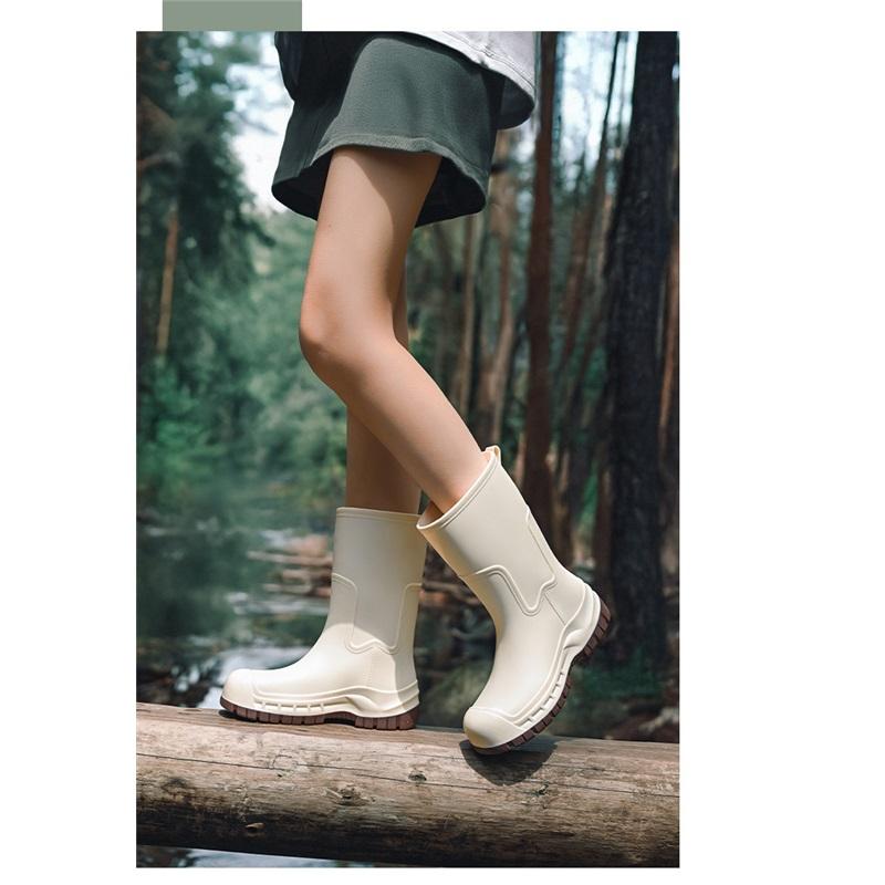 Mid Calf Rain Boots Seamless Waterproof PVC Rubber Wellies Anti Slip Thick Sole Outdoor Garden Work Rain Shoes