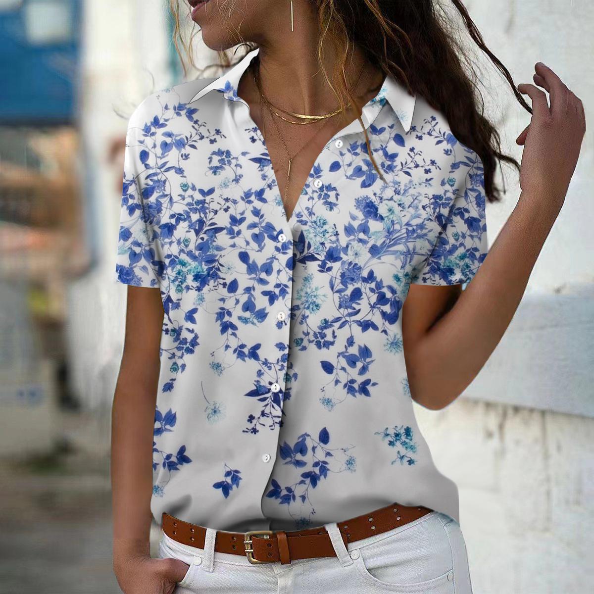 

2025 Summer New Fashion Women s Flower Printed Short Sleeve V-neck Casual Button-down Shirt Top XS синій