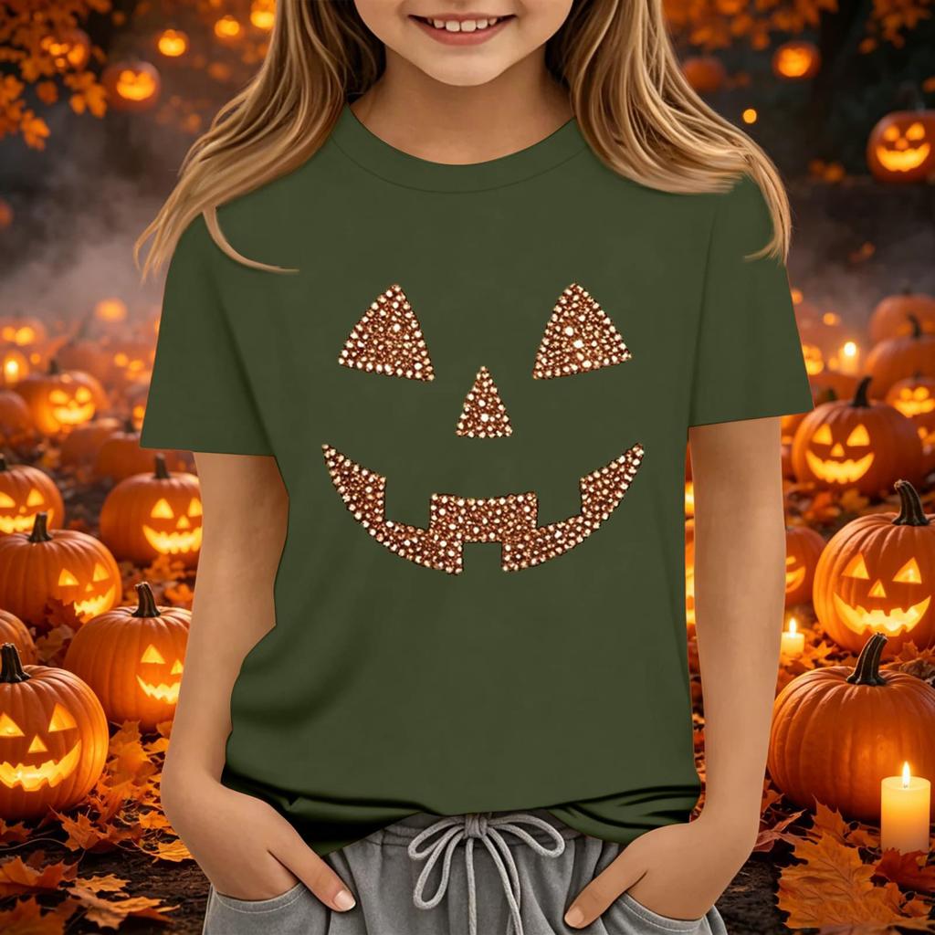 Kids Halloween Printed Neck Short Sleeve T-Shirt Loose Fit Casual Top