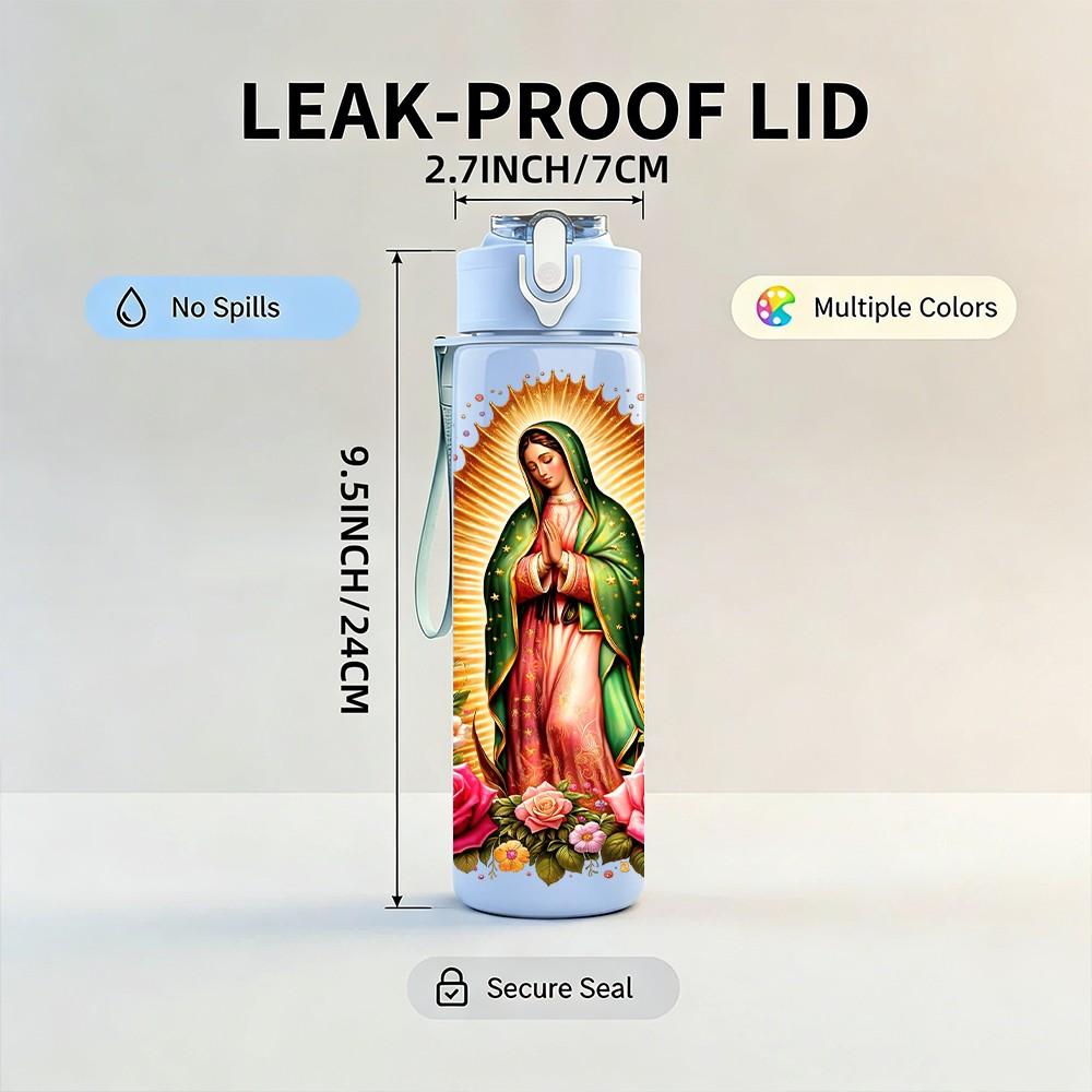 1PC Virgin Mary Guadalupe Religious Art 750ml Color Plastic Sports Water Bottle Leakproof Flip Straw Lid Suitable for Sports Office Home Use