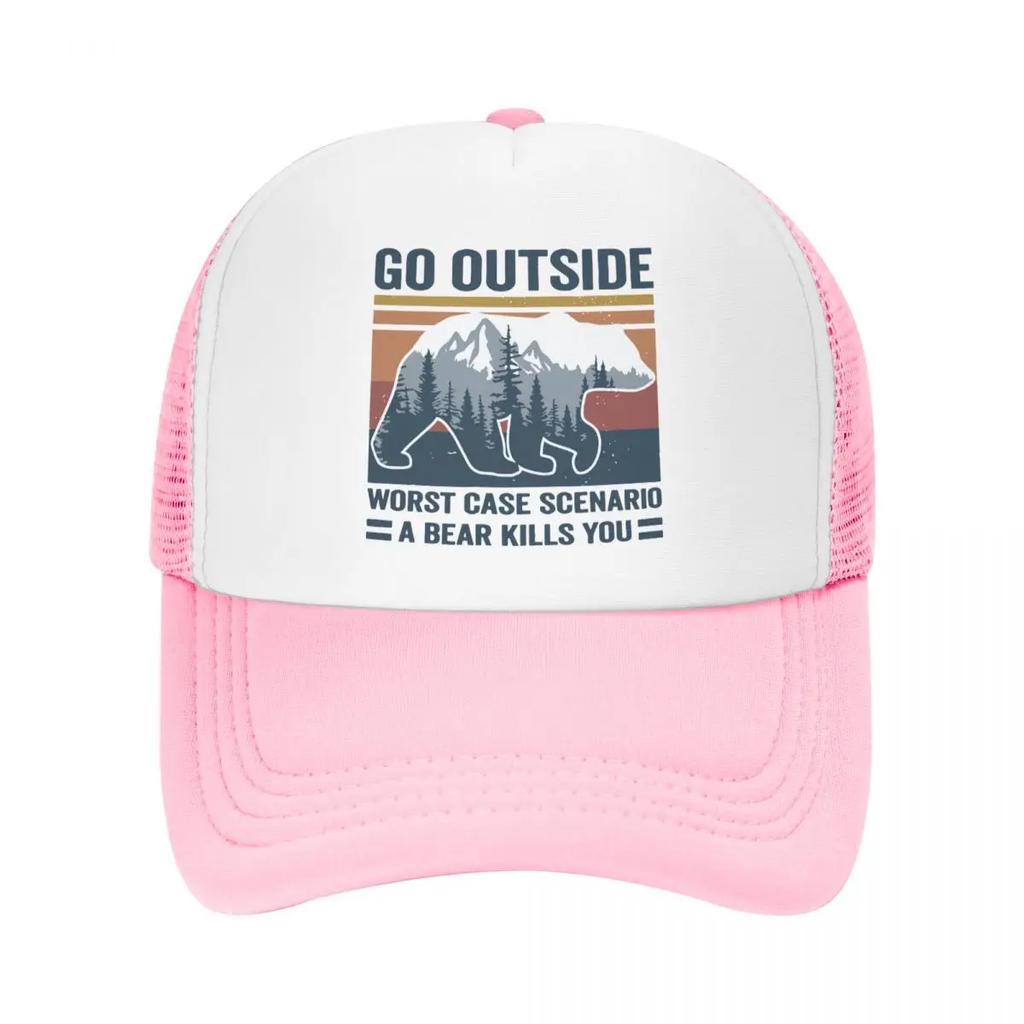 Custom Go Outside Worst Case Scenario A Bear Kills You Trucker Hat Adult Adjustable Baseball Cap Unisex Women Sports Dad Hat