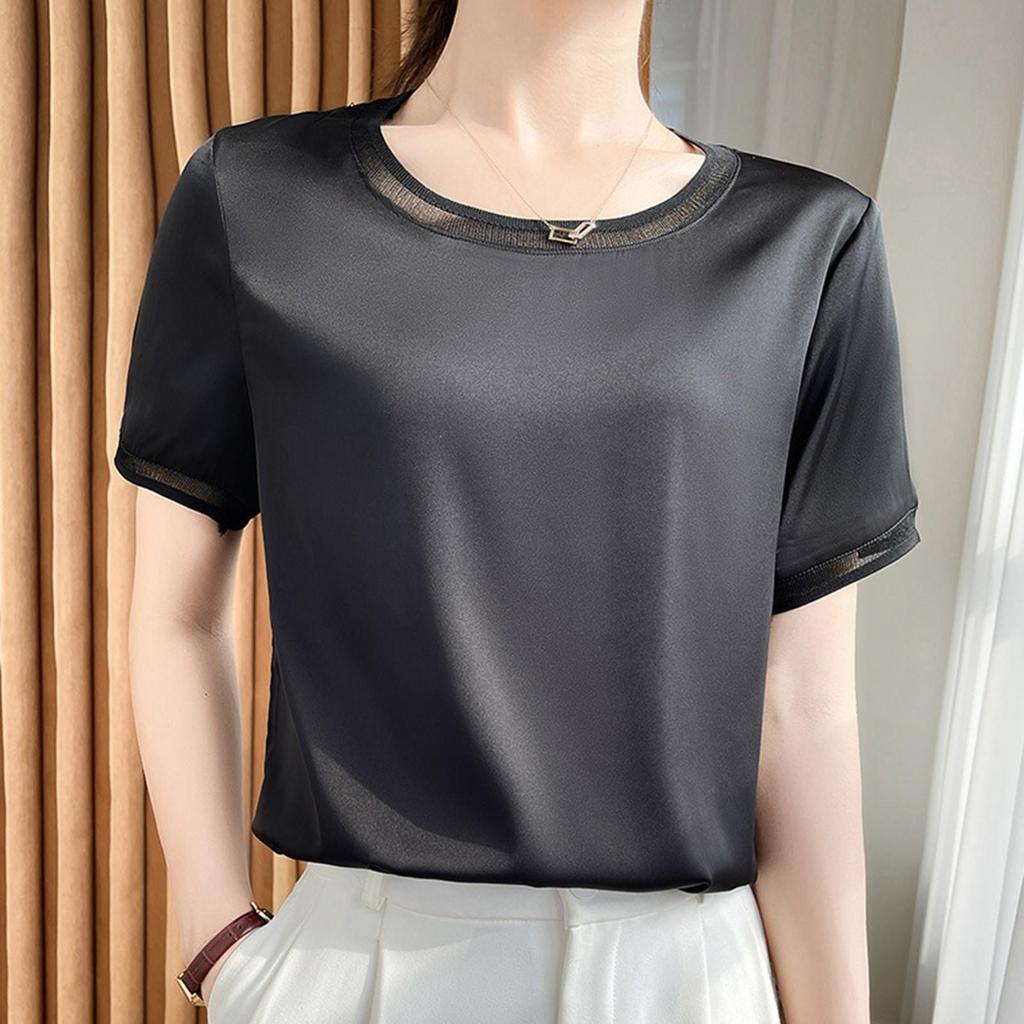 Peach Women Shirt 2026 Summer New Silk Satin Short Sleeve T Shirt Women'S Mesh Solid Color Vest Temperament V Neck Apparel Shirt
