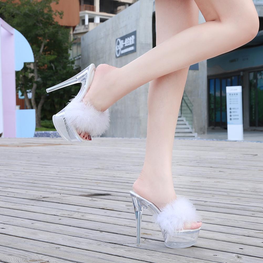 Furry Sexy Thin Stiletto Platform Slide Sandals, Transparent Crystal Heel Women Shoes For Wedding Banquet Formal Dress Occasions WZ-198614-89