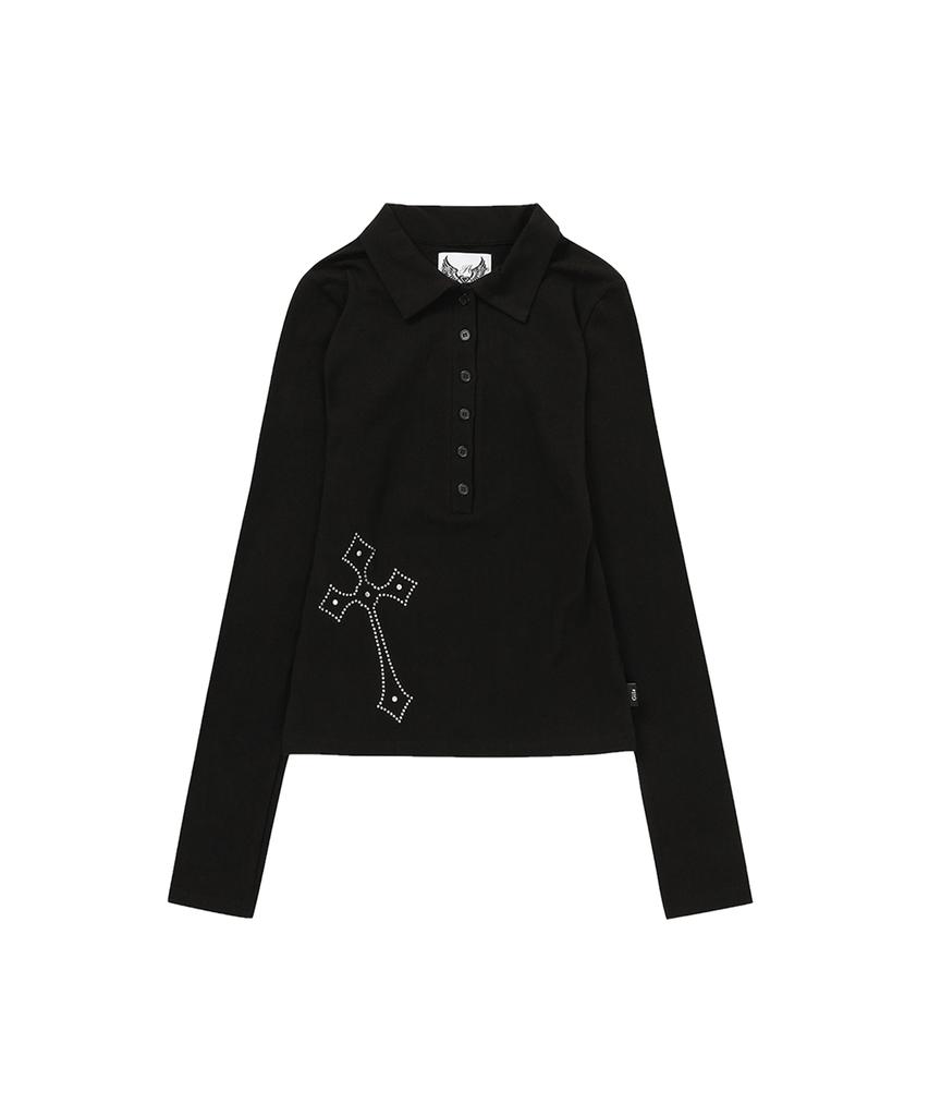 Gillaakaibeu Cross Button Collar Long Sleeve_Black