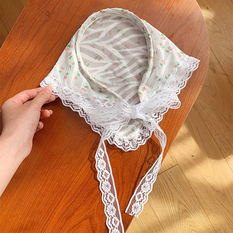 French Blue Plaid Lace Triangle Scarf Headband - Pastoral Style Women's Hair Accessory with Seaside Vibe