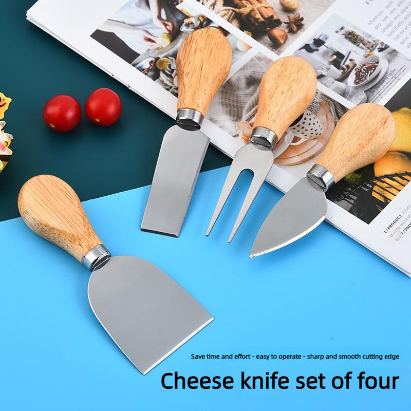 4-Piece Stainless Steel Cheese Knife Set With Wooden Handle, Including Butter Cutter, Pizza Knife, And Cheese Knives