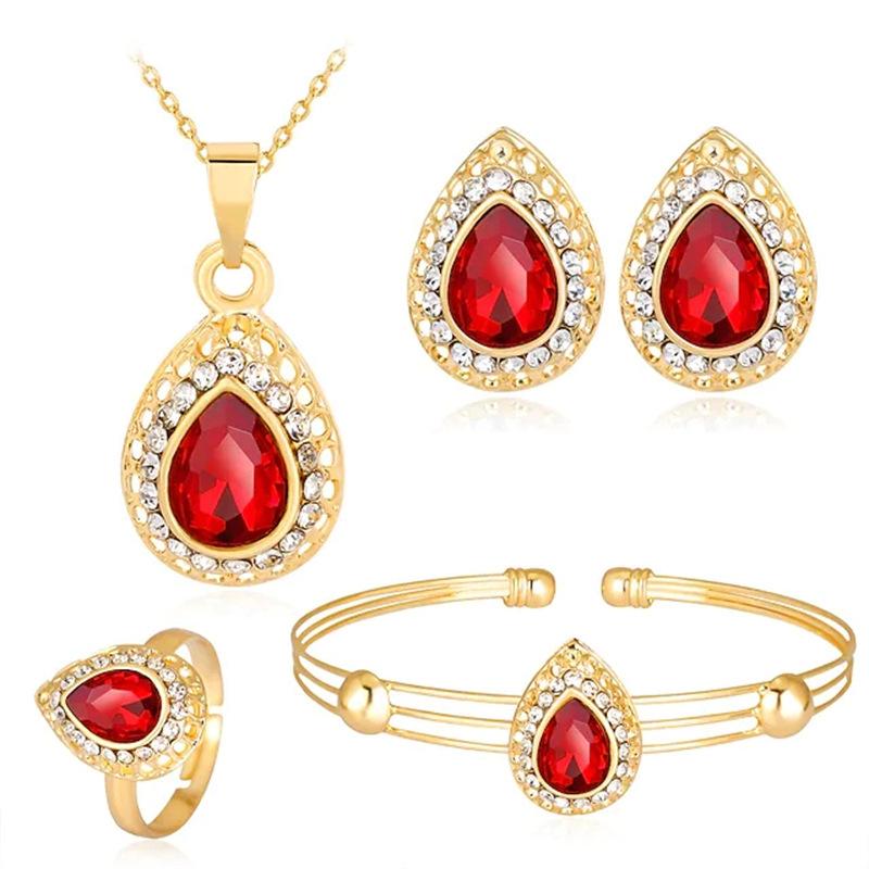

Women s Jewelry Set, Waterdrop Gem Series Style, Necklace, Earrings, Rings, Bracelets Four Piece Set красный