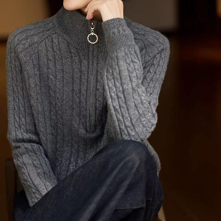 Women's Autumn & Winter Stand Collar Half-Zip Thick Knit Sweater - Long Sleeve Cable Knit Top for Outerwear