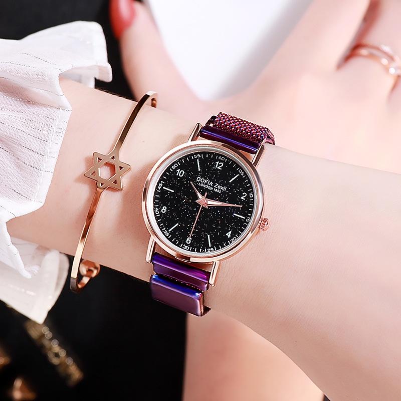 

Fashionable Trendy Ladies Night Light Watch Decorative Quartz Dial Casual Style Rose Gold Starry Sky Dial Non-waterproof StyleB