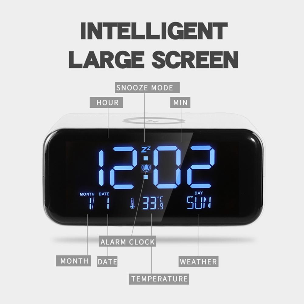 Lămpi de noapte Difuzor compatibil Bluetooth cu încărcare wireless de 15 W, Ceas cu alarmă cu afișaj mare