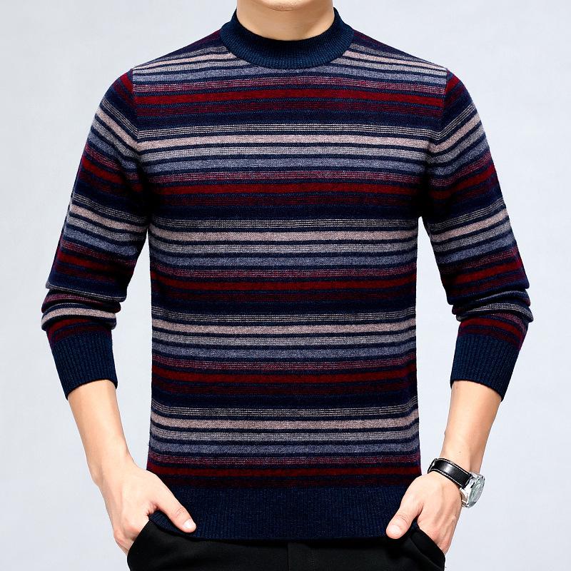 Men's Winter Thick Cashmere Sweater - Round Neck Business Casual Striped Merino Wool Knitwear.