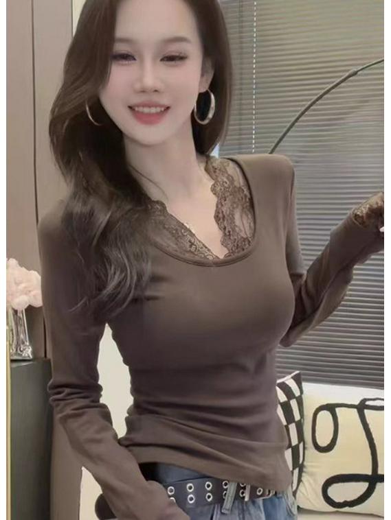 Pure Desire Women's Lace Patchwork V-Neck Long Sleeve Top - 2025