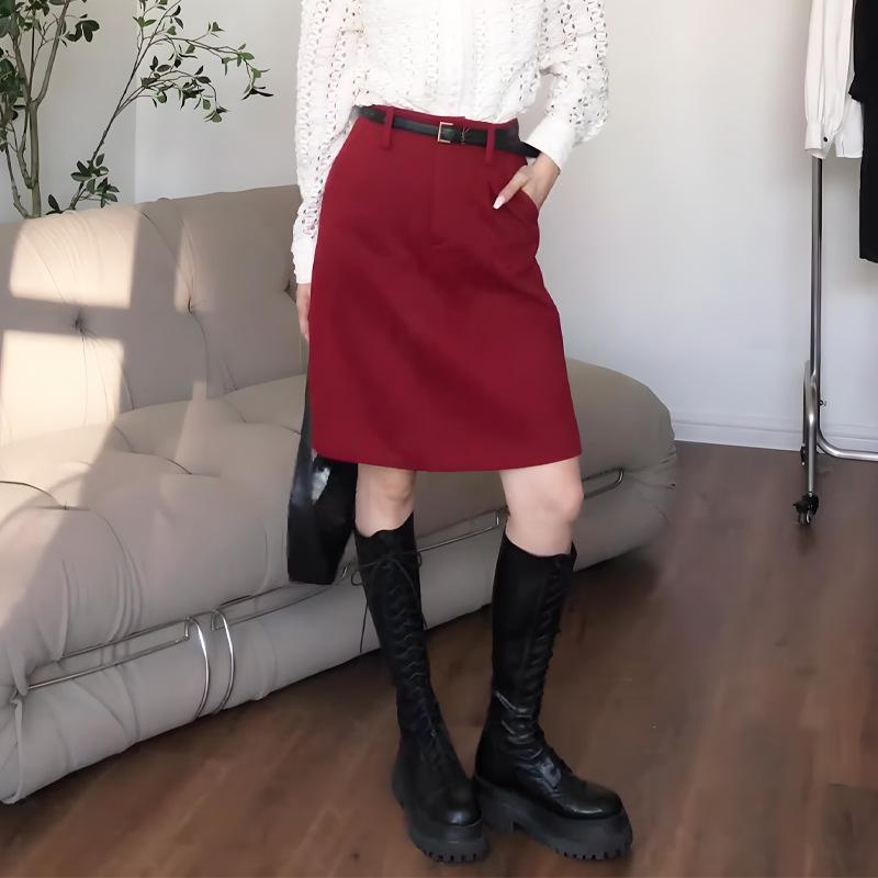 Ankela Women s Winter 2025 High Waist Retro Red Bodycon Skirt M (50-55 kg)