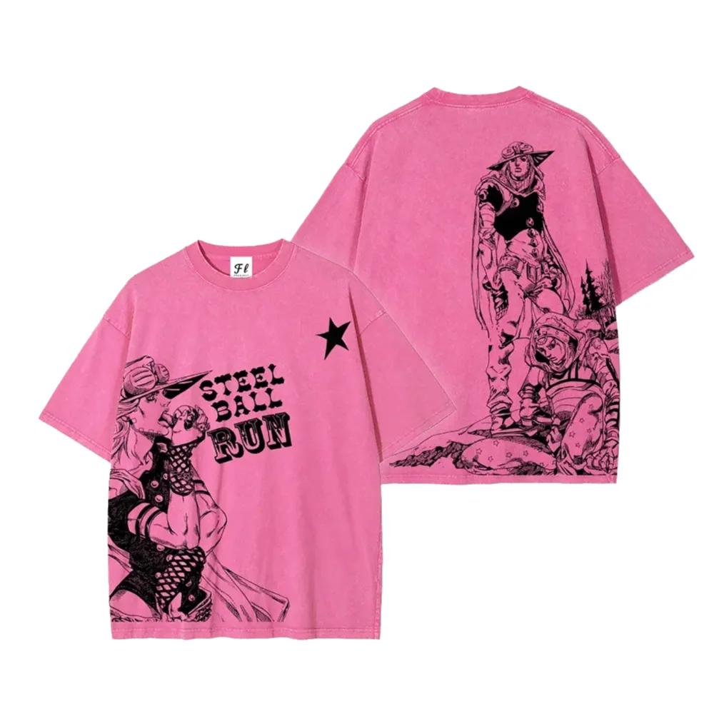 

Japanese Anime JoJo s Bizarre Adventure T Shirt Anime Y2k Washed T-shirt Summer 100% Cotton Loose Tees Tops Men Unisex Clothing XXL рожевий