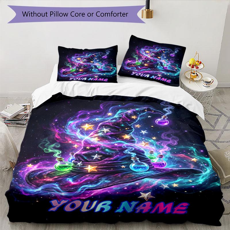 3pcs Custom Name Magical Hat Dreamscape Bedding Set Printed Bedding Set Duvet Cover Closure Includes 1 Duvet Cover & 2 Pillowcases Bedroom Decor