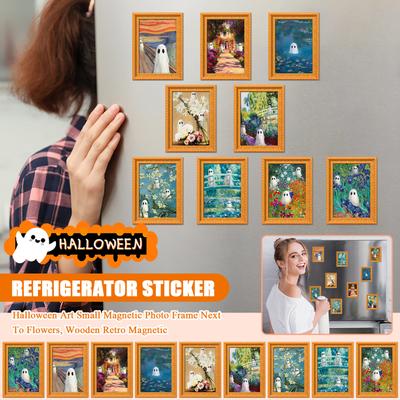 Halloween Art Small Magnetic Photo Frame Next To Flowers, Wooden Retro Magnetic Refrigerator Sticker
