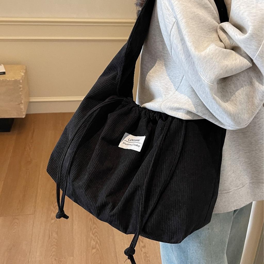 Corduroy Texture Large-capacity Bag Women's 2025 New Shoulder Bag Simple Soft Surface Casual Drawstring Tote Bag