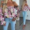 Koszula Damska Odkrywająca Ramiona Rozkloszowany Długi Rękaw Design Pulowerowe Topy Kwiatowy Nadruk Luźny Krój Koszula Casual Odzież Biurowa