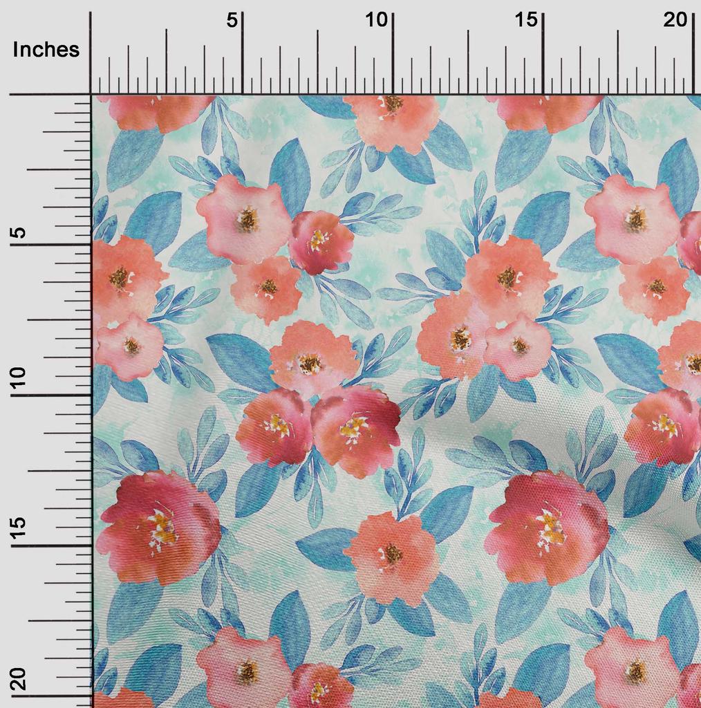 oneOone Cotton Flex Fabric Watercolor Leaves & Peony Floral Print Fabric BTY 40 Inch