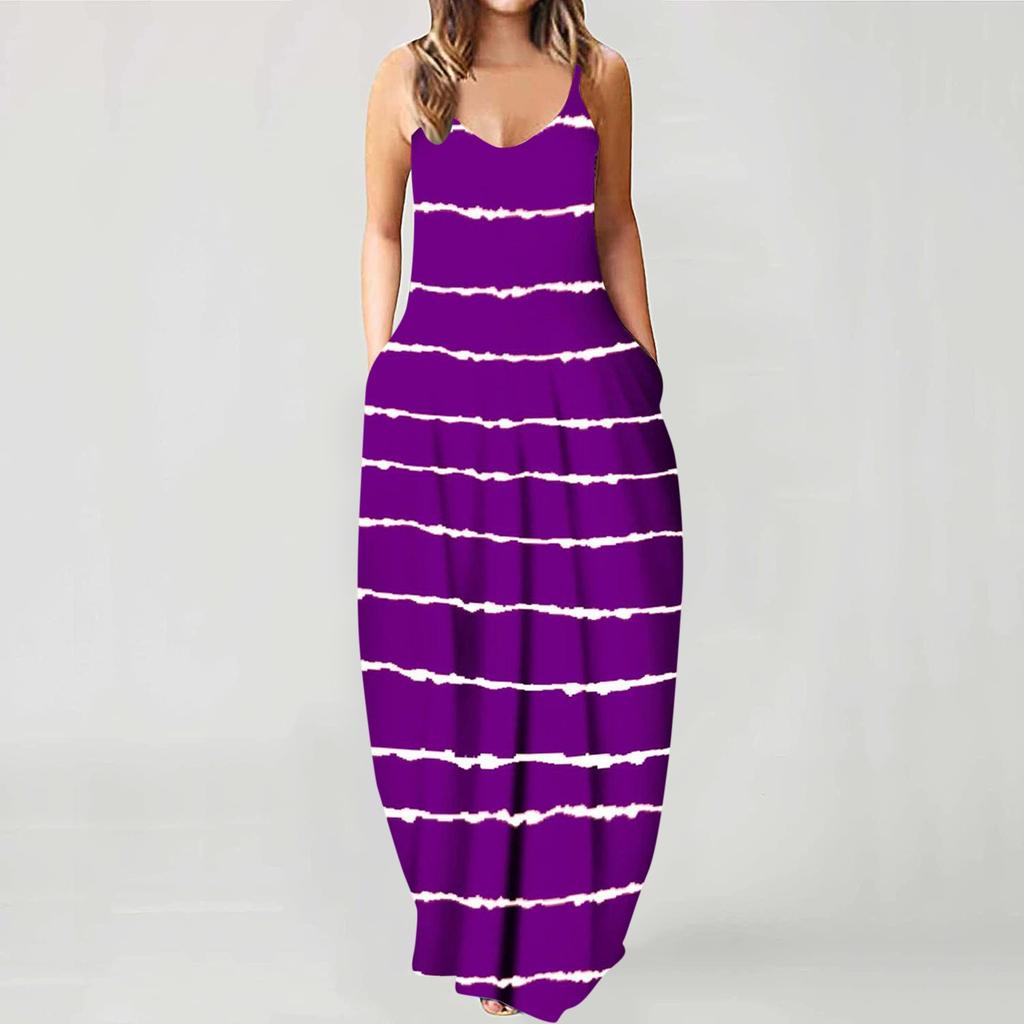 Fashion Women's Loose Casual Summer Striped Print Pocket Sling Sleeveless Dress