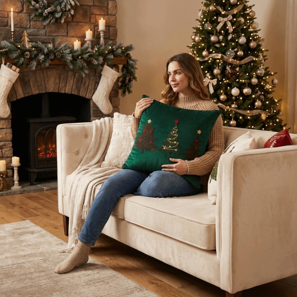 Embroidered Christmas Pillowcase Exquisite Xmas Tree Pillowslip Cushion Cover Bedroom