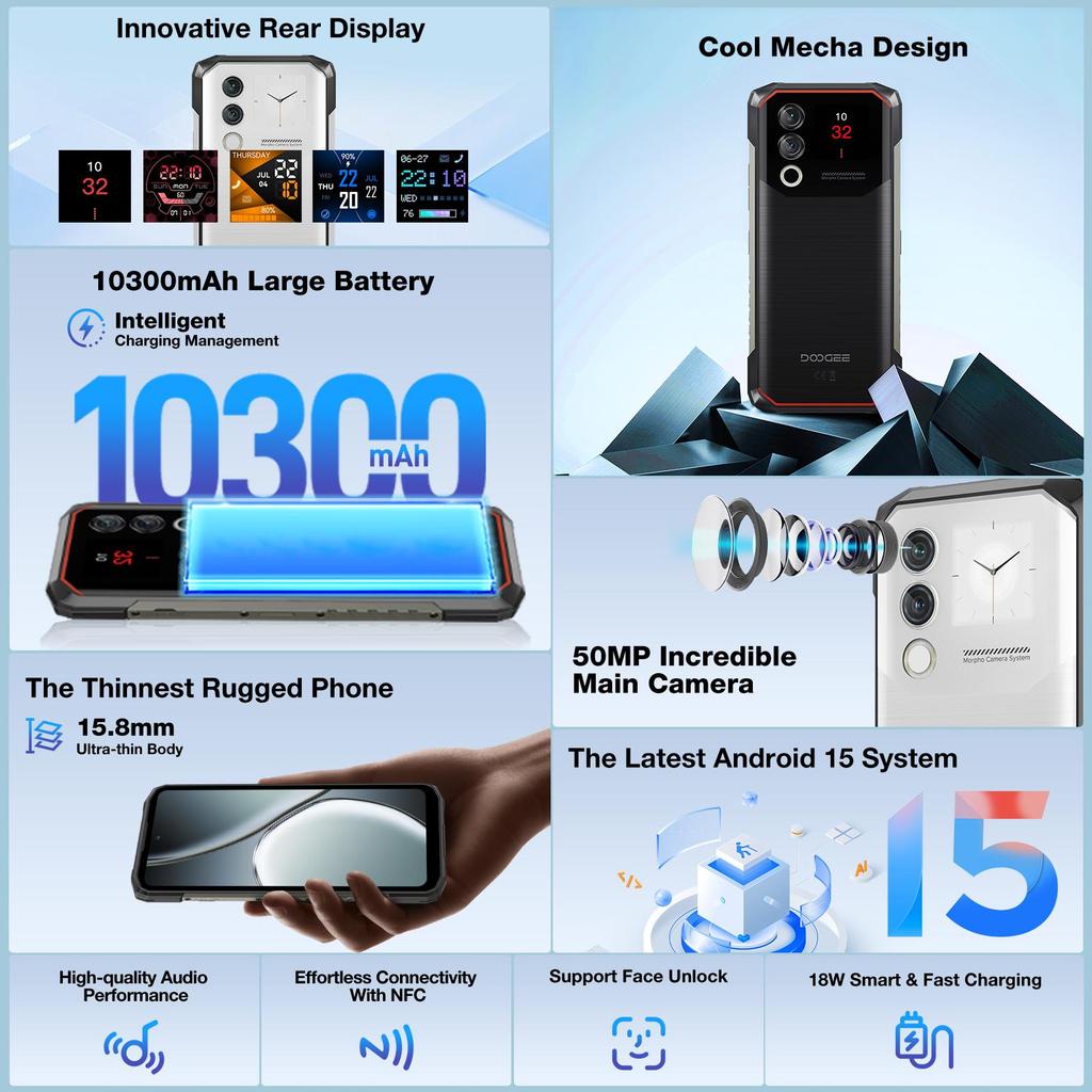 DOOGEE Blade10 Max Rugged Smartphone Android 15, 32GB+256GB/2TB, 10300mAh, 1.54” Touch Back Screen, 50MP AI Camera/3 Card Slots/NFC