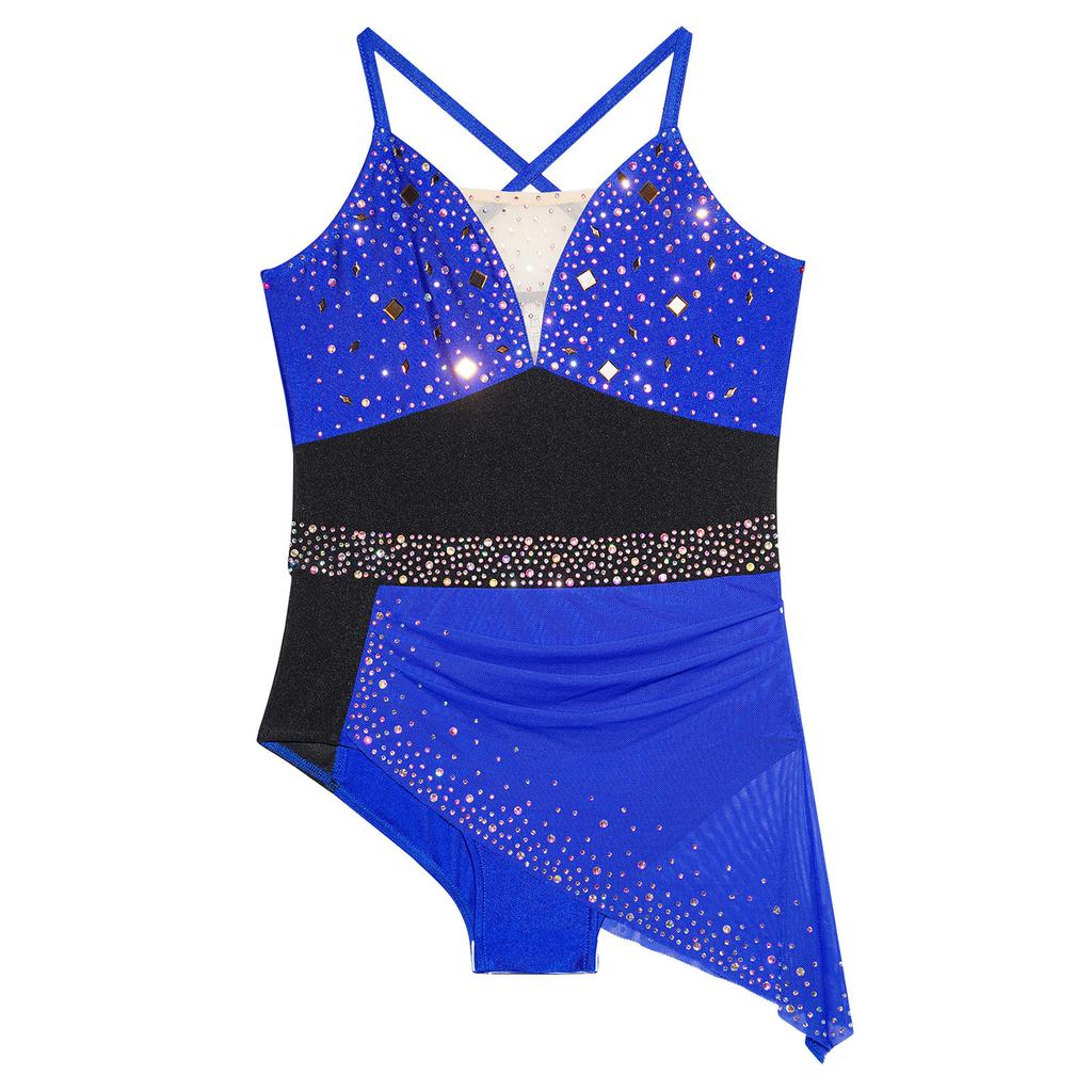 Cross Back Spaghetti Straps Girls Dance Dress Color Block Sparkly Rhinestones for Figure Skating