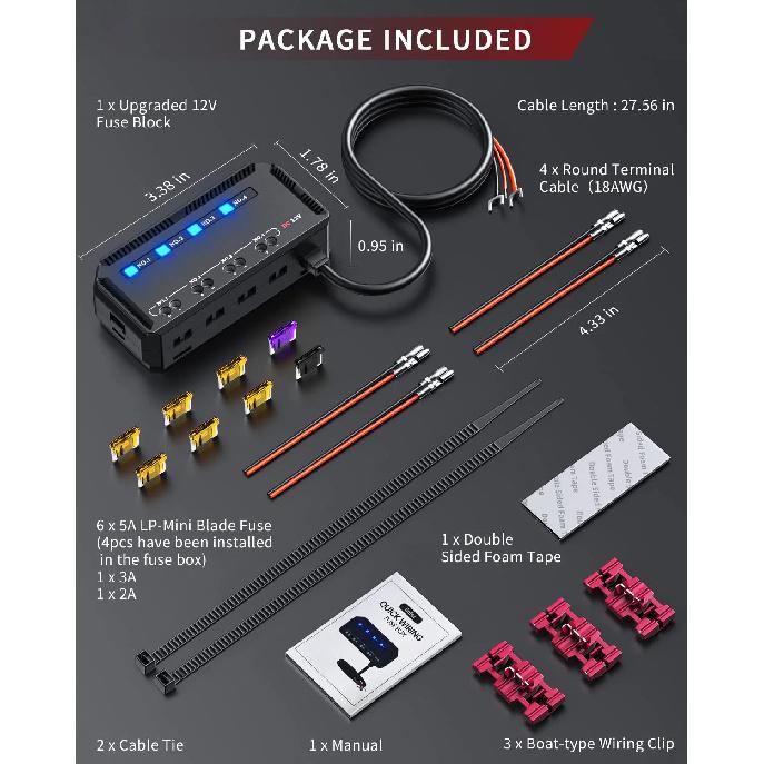 Anchtek 12V Motorcycle Fuse Box Universal Automotive Fuse Block with 4 Circuits Low Profile Mini Blade LED Indicator Fuse Holder