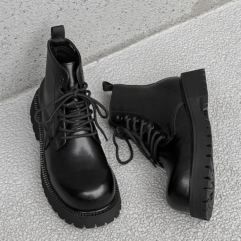 Men's Casual Business Office Platform Boots Black Original Leather Shoes Cowboy Autumn Winter Boot Big Toe Ankle Botas Masculina