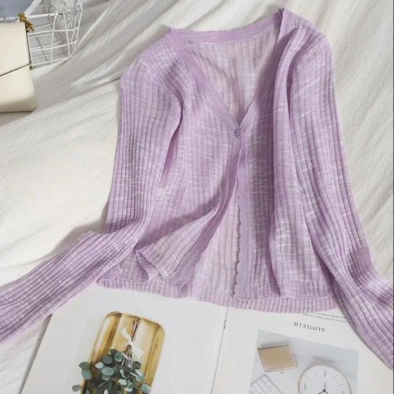 

Тонкий вязаный кардиган с v-образным вырезом, милое милое женское пальто с длинным рукавом, укороченный топ с одной пряжкой, новая мода, однотонный, простой, повседневный, солнцезащитный кардиган L фиолетовый