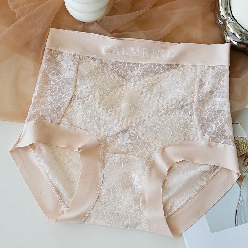 Meizhai Women's Seamless Lace Mid-High Waist Tummy Control Plus Size Briefs with Antibacterial Mulberry Silk Crotch.