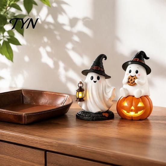 Halloween Party Decoration Lighted Ghost Figurine, Spooky Resin Witch on Pumpkin/Holding Lantern Handcrafted Statue with LED Light for Desktop